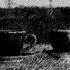 Stylized black and white image of two coffee cups in front of a window.