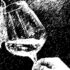 A stylized black and white picture showing three wine glasses being held up for a toast.
