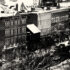 a stylized black and white view of a New England downtown.