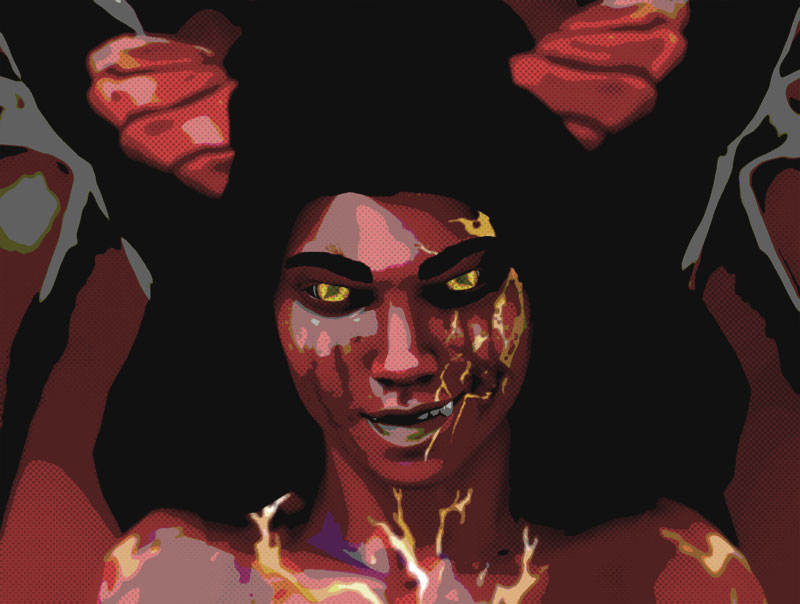 A demonic woman with horns, wings and yellow lightning scars on her face smirks at the camera.